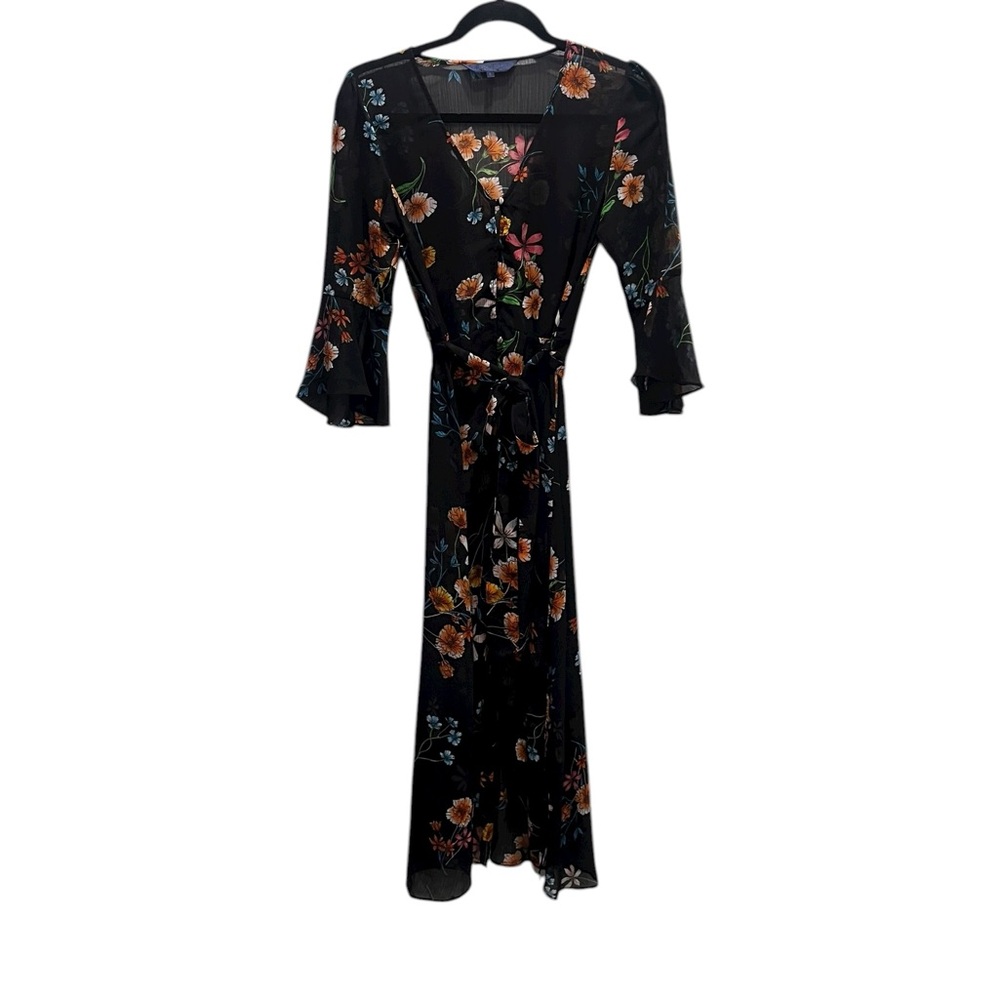 Rachel Zoe Sheer Black Duster Dress with Floral Accents Small